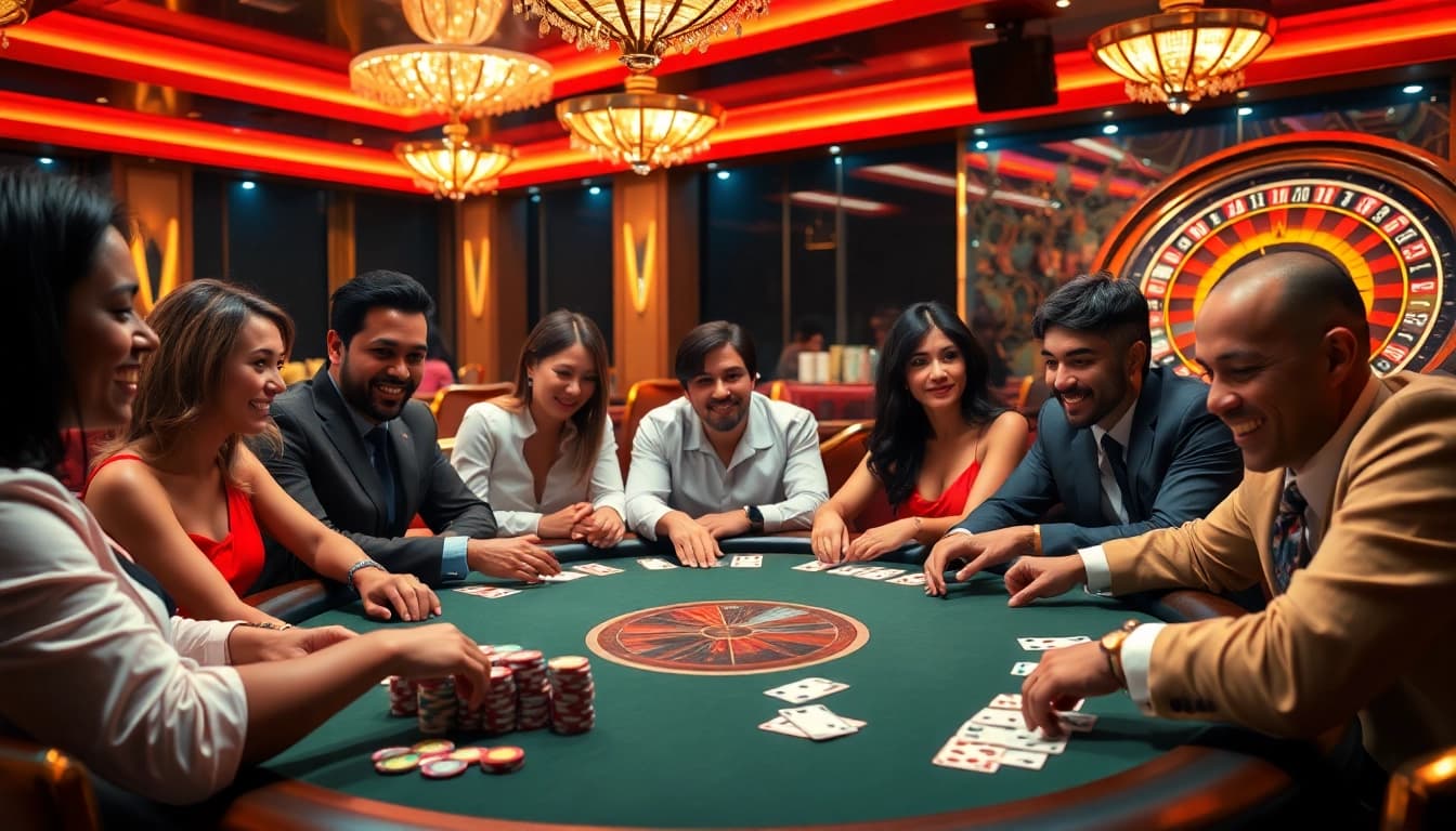 Experience the thrill of high-stakes poker at F8bet, featuring colorful chips, cards, and excitement.