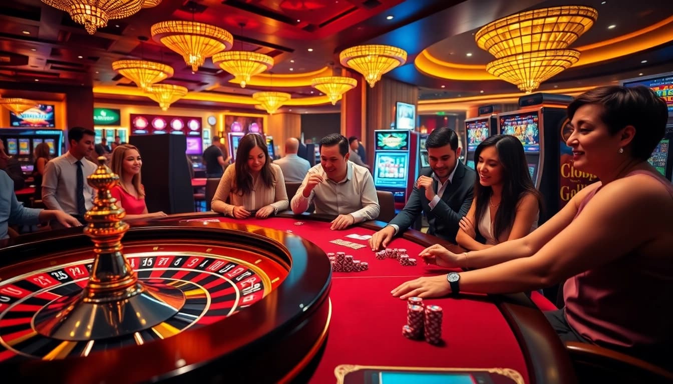 Situs11 casino featuring high-stakes poker tables and vibrant slot machines, capturing excitement among players.