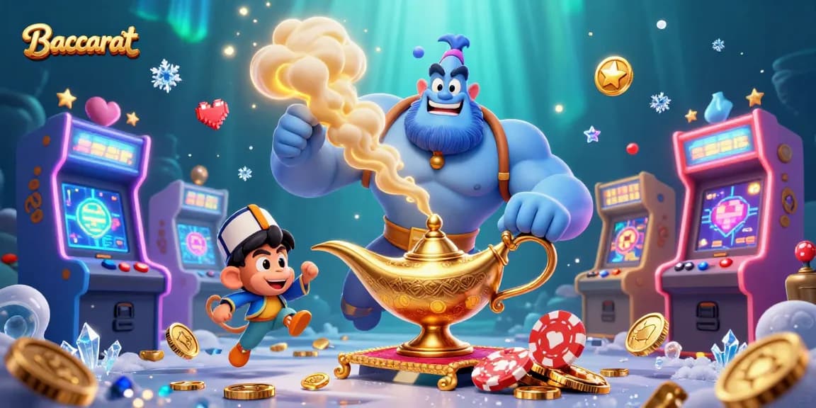 Baccarat game illustration with a blue genie, monkey, and magic carpet amidst colorful casino elements.