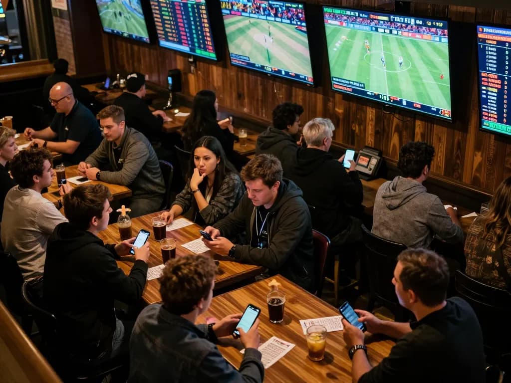 Fans engaging in sports betting at a lively sports bar, illustrating the trusted nhà cái uy tín experience.