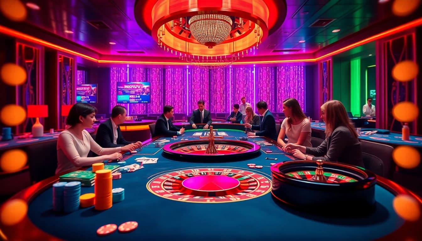 Experience the excitement of gambling at Rikvip with professional dealers and vibrant casino elements.