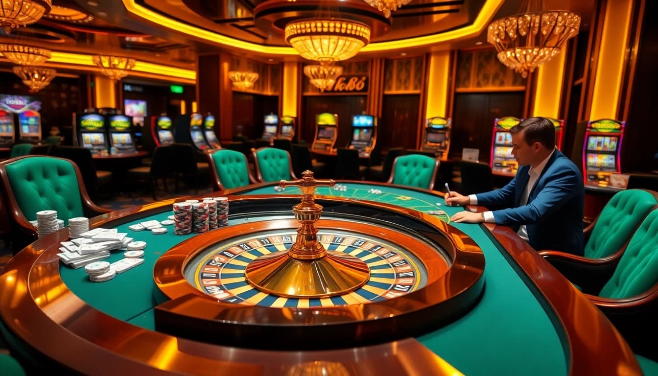 tk88 gaming table with vibrant roulette wheel and poker chips creating excitement