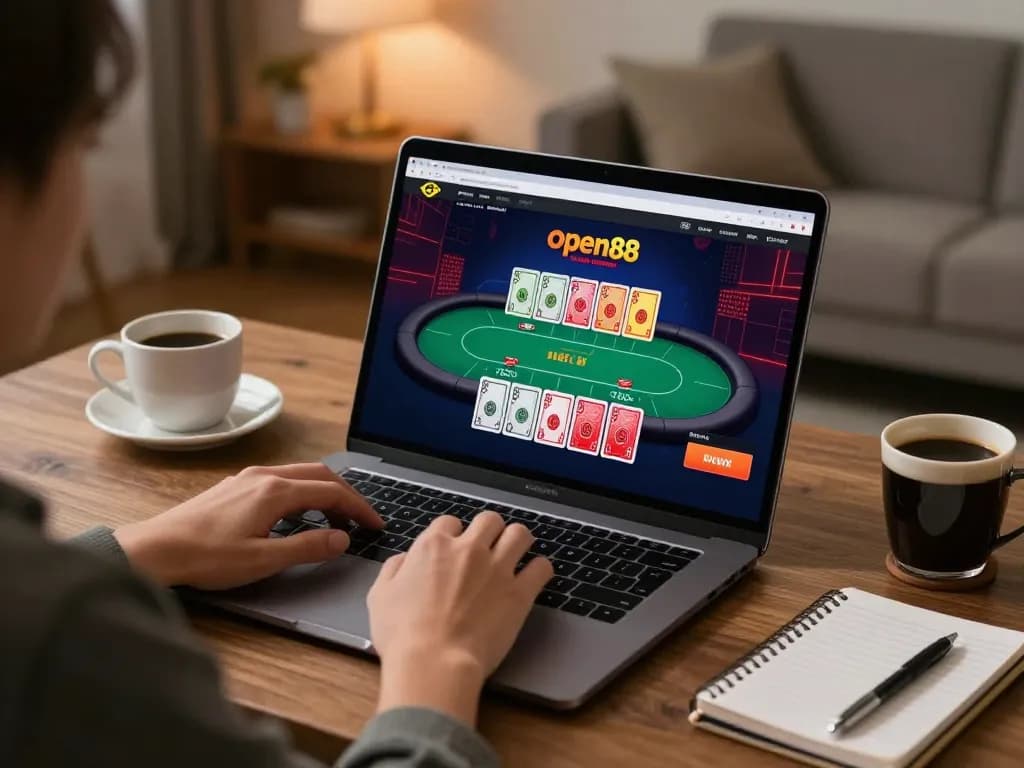 Engaging in online poker at Open88 casino with a focused player at a stylish home setup