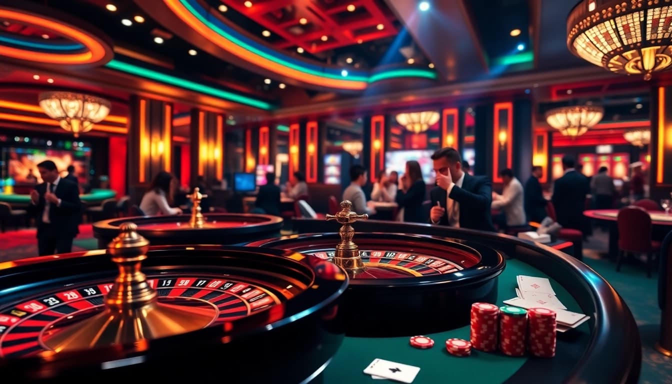 Engaging players winning at lode88 with vibrant chips and roulette tables in a luxury online casino.