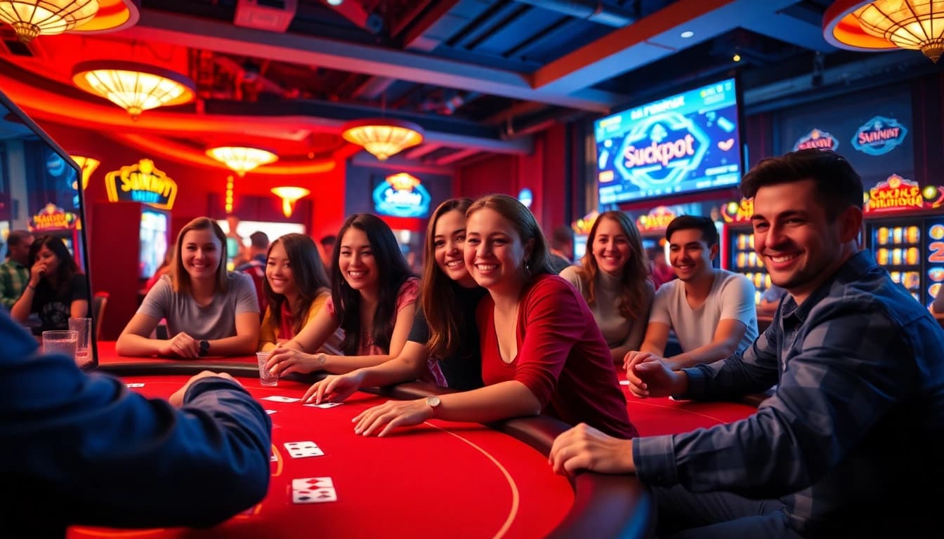 Sunwin gaming scene showcasing players engaged in exciting card and casino games, filled with joy and anticipation.