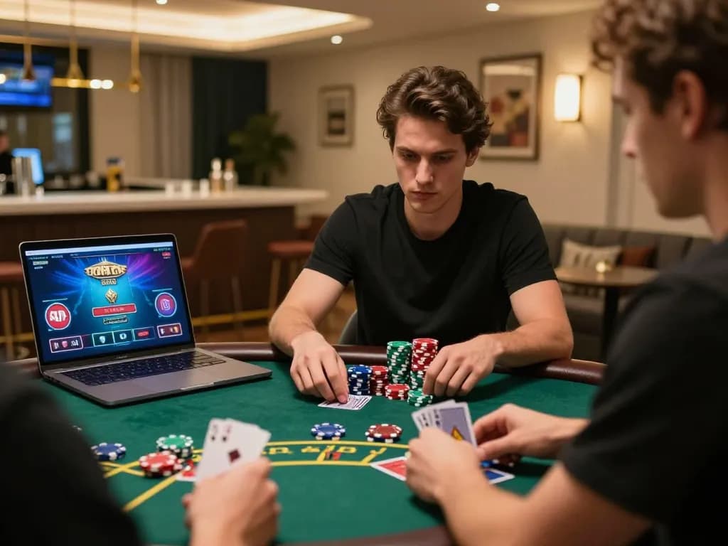 Player engaged in kerajaanslot online blackjack, focused on strategy with laptop interface visible