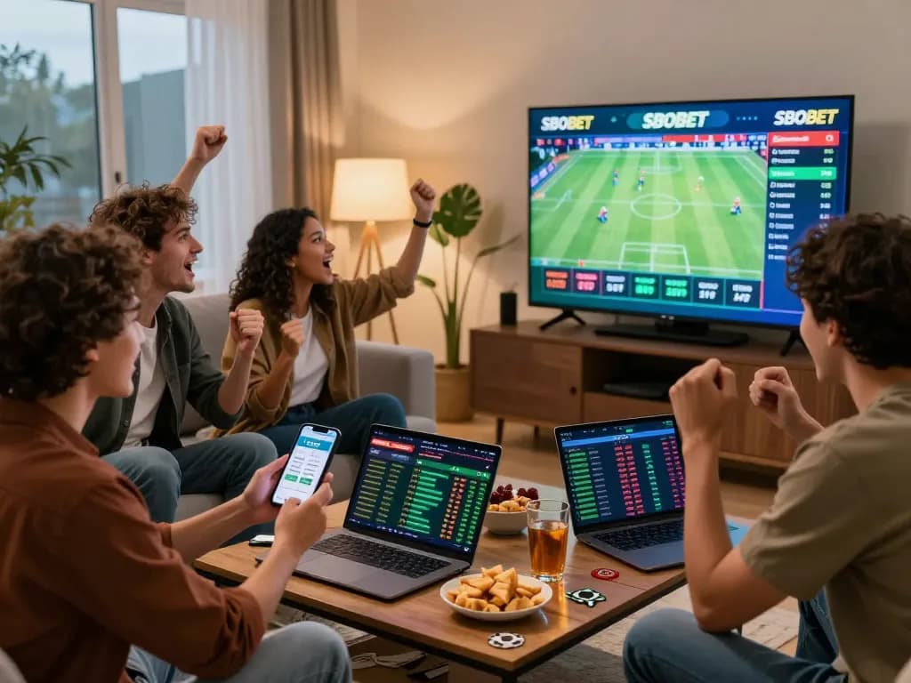 SBOBET sports betting scene with friends cheering in a dynamic living room