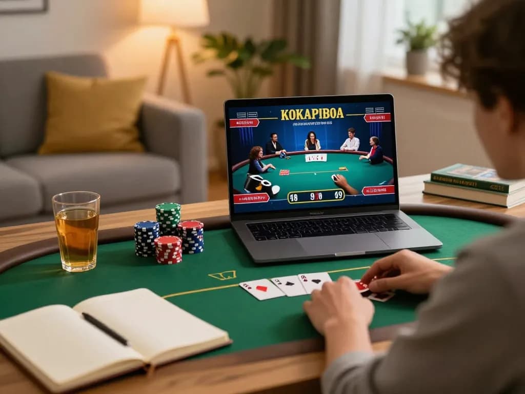 Player engaging in GEMWIN poker online, laptop with game interface and strategic notes nearby.