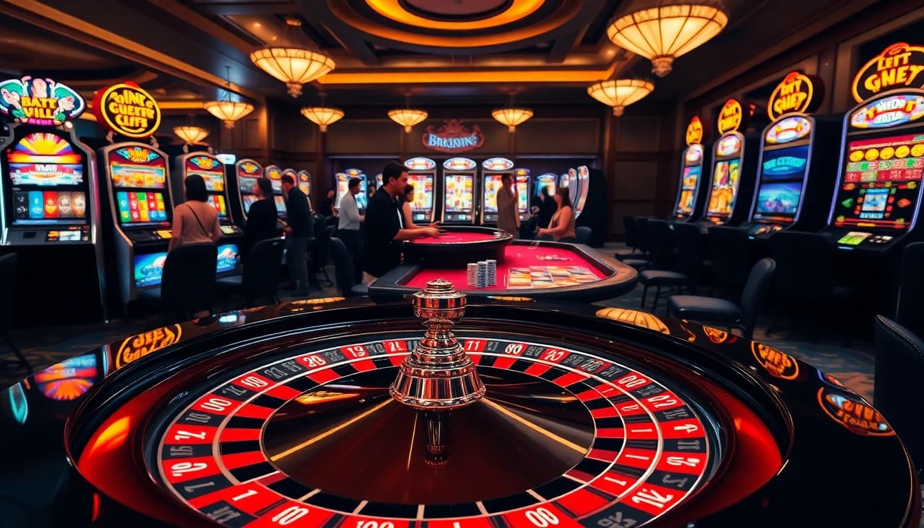 Experience the excitement of bro138 at a luxury casino table with vibrant slot machines and chips.