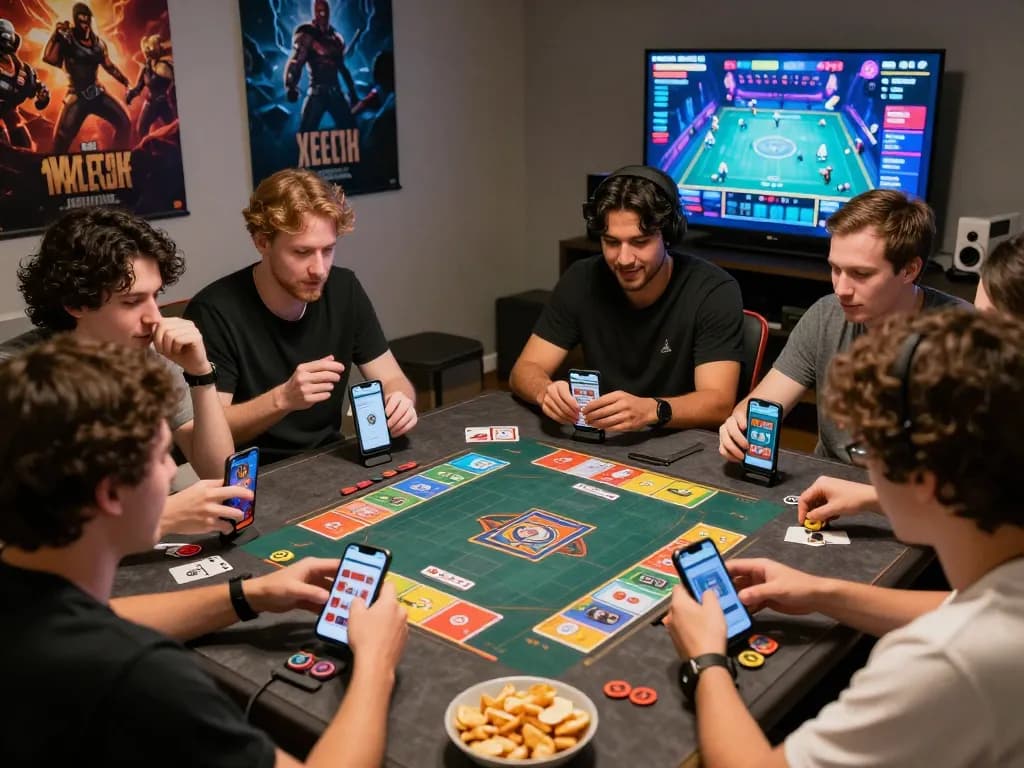 Group playing card games while using link vào sunwin app on smartphones in an inviting gaming environment.