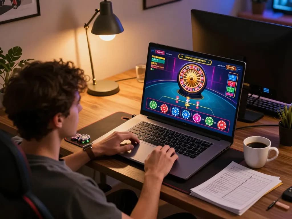 Player enjoying LC88 online gaming session with vibrant roulette display on laptop screen