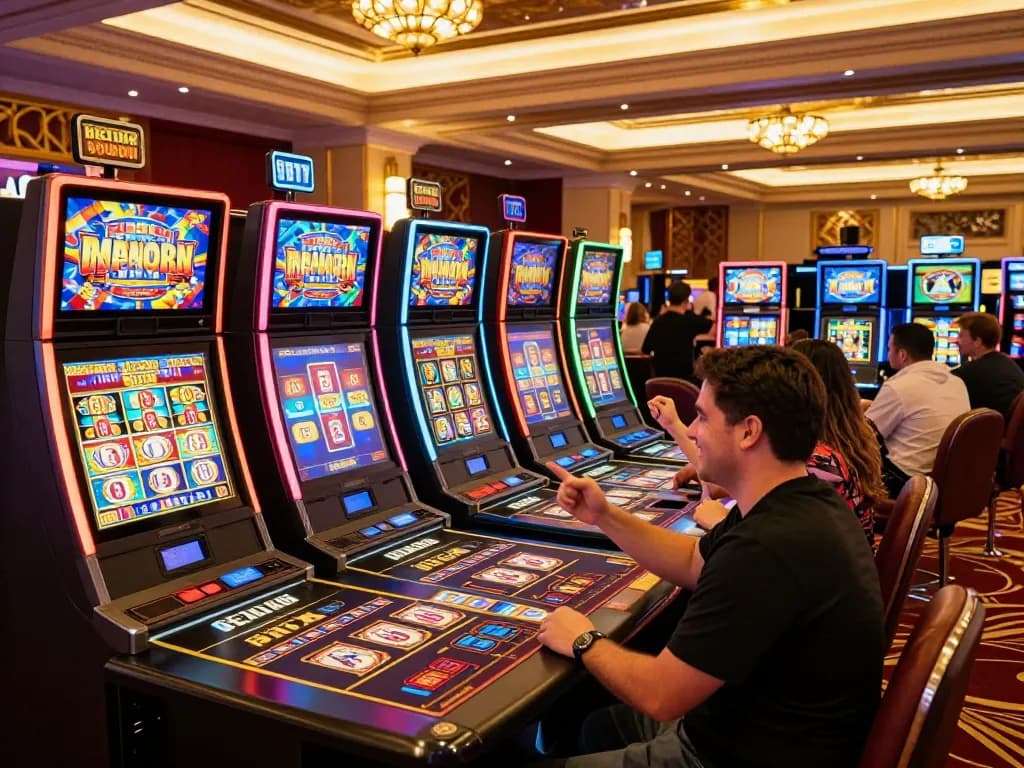 Players celebrating wins at a vibrant casino with Betbdt slot machines.