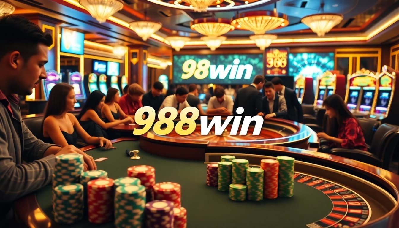 Players enjoying diverse games with 98win branding in a vibrant casino atmosphere.
