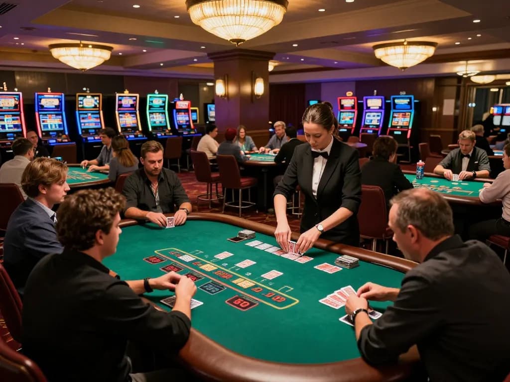 Players engaging in dynamic blackjack gameplay at F8bet com casino floor, showcasing thrilling betting strategies.