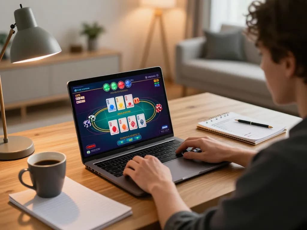98win player engaging in live dealer games on laptop at home, showcasing a warm, strategic gaming setup.