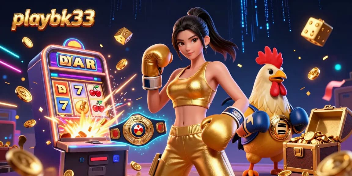 Win big at playbk33 with thrilling action, featuring a golden sports champion and rooster in a vibrant casino world.