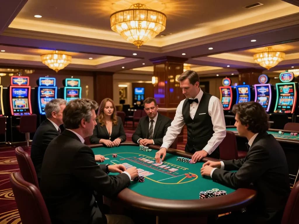Players at DN88 engage in strategic blackjack gameplay at an upscale casino table, creating an exciting atmosphere.