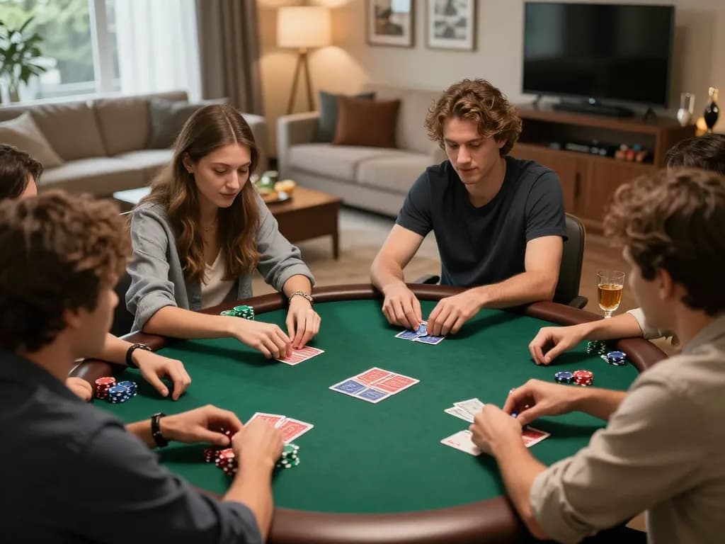 Engaged players enjoying a social gaming night at the beste casino uden rofus with cards and chips.