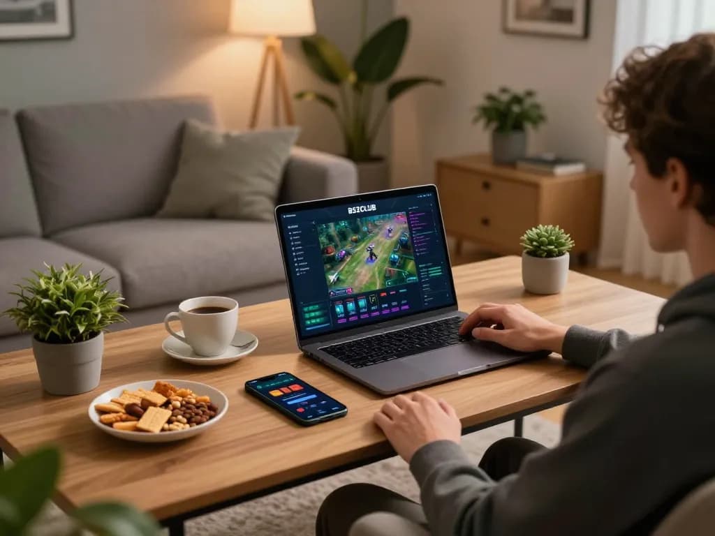 B52CLUB user engaging in online gaming, showcasing a modern setup with laptop and betting app in hand