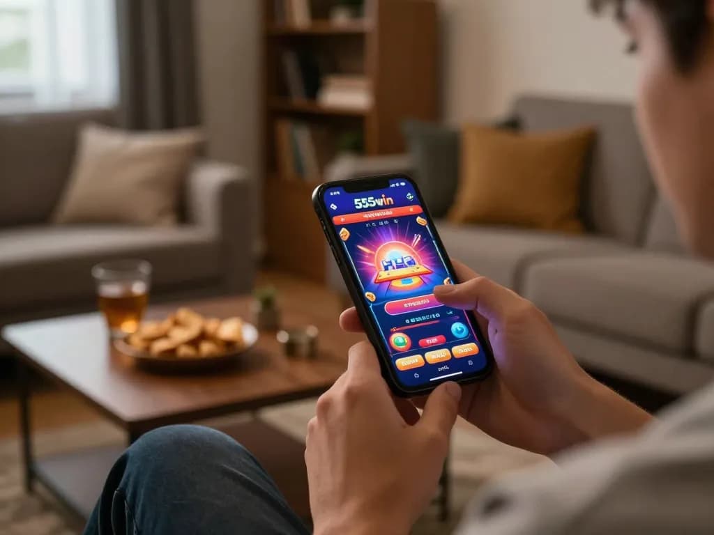 Player enjoying the exciting 555win casino app on smartphone in cozy living room.