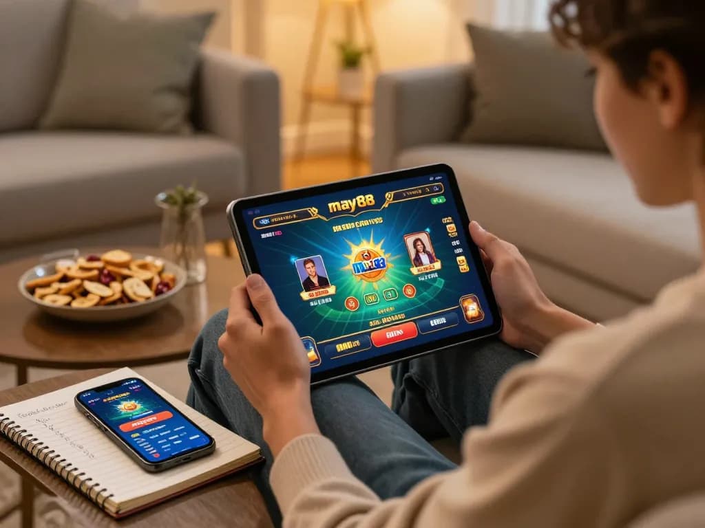 Player engaging with may88 app on tablet in a cozy living room.