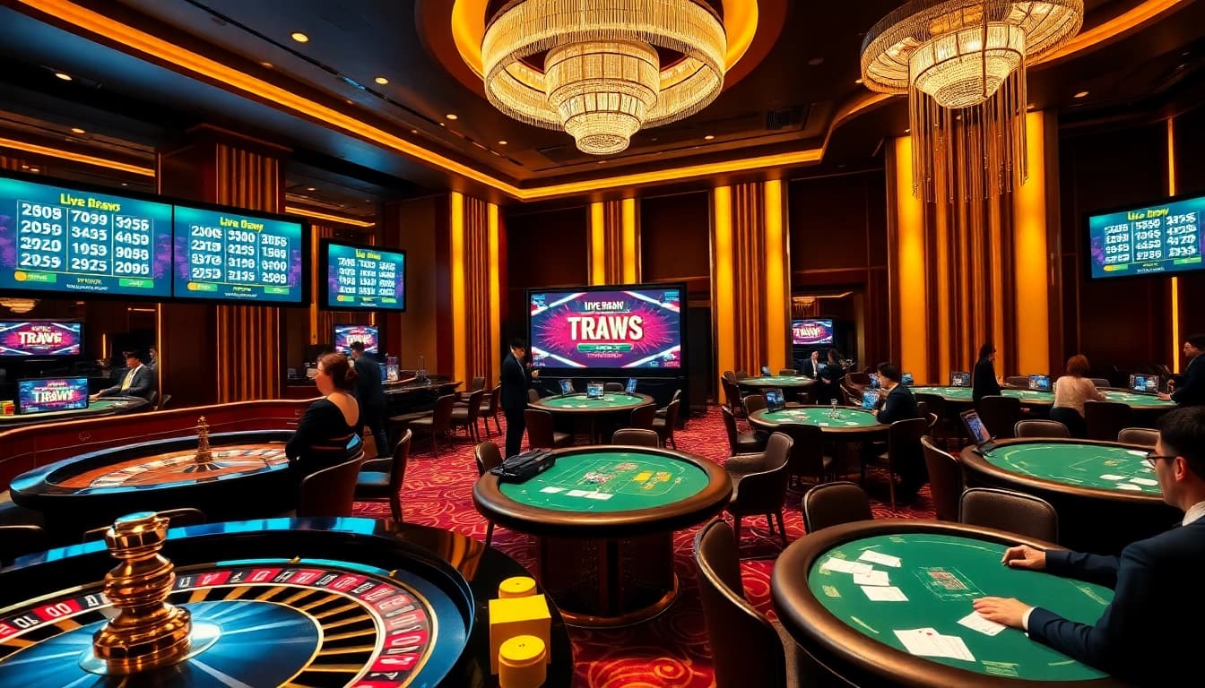 Live Draw Macau event featuring a luxurious casino setting with players and live screens displaying results.