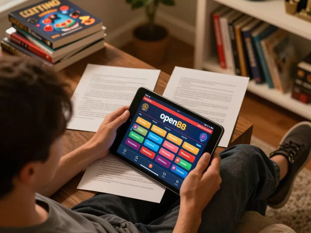 Player exploring open88 casino app on tablet while analyzing betting strategy at home