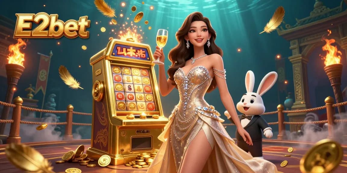 Experience thrilling games with E2bet while celebrating wins beside a glamorous jackpot slot machine.