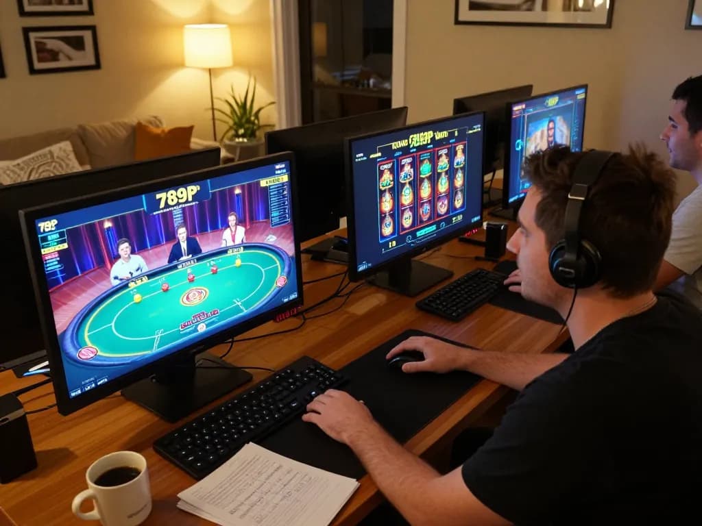 Player engaged in online gaming on 789P platform, showcasing vibrant poker action and cozy home atmosphere