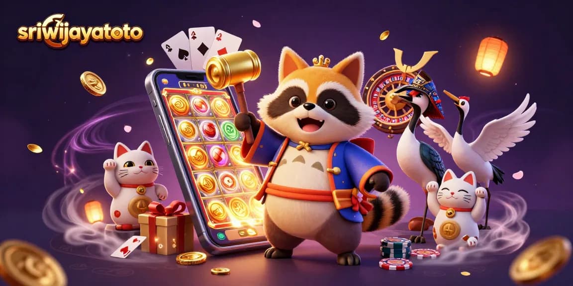 Experience the thrill of winning at sriwijayatoto with a cheerful tanuki, lucky symbols, and vibrant casino elements.