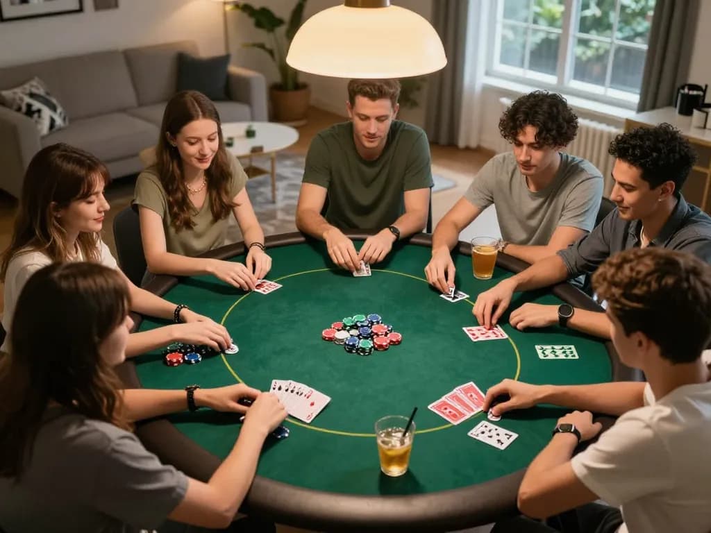 Engaged players enjoying a poker game at home, highlighting the camaraderie of Trang chủ gg88 gaming nights.