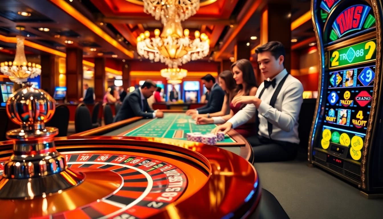 Players strategizing at a TR88-themed poker table surrounded by vibrant casino elements.