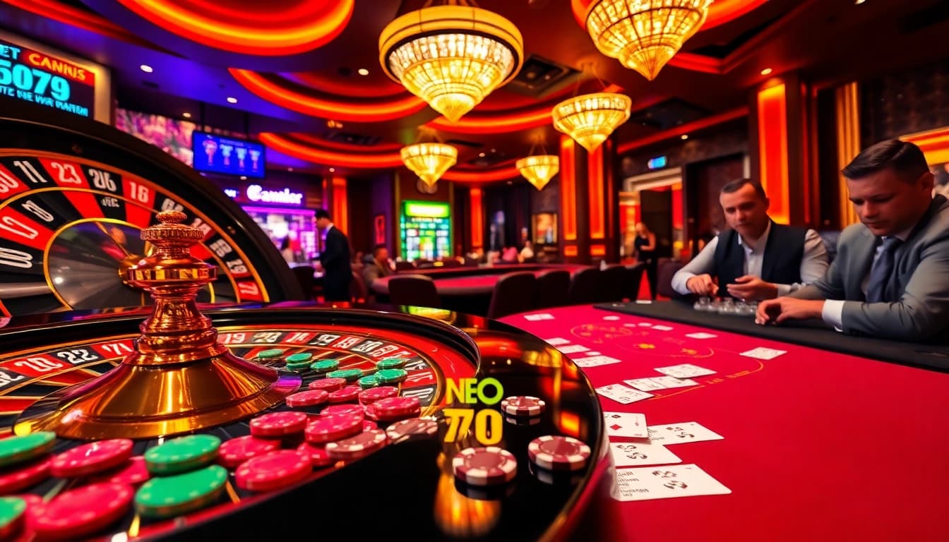 Experience the excitement of NEO79 casino with vibrant roulette wheels and engaging players.