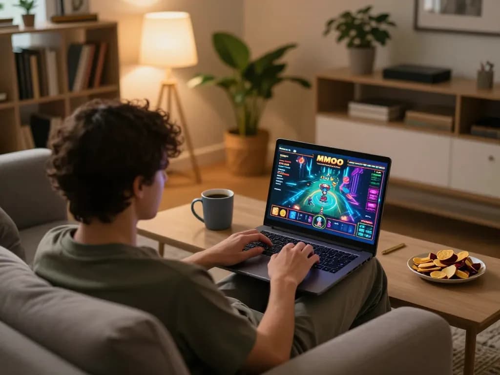 Player engaging with MMOO online casino on a laptop in a cozy living room setting