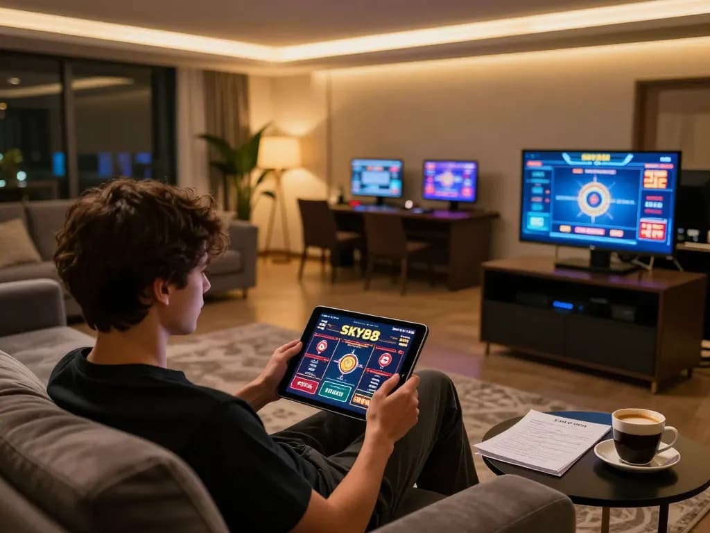 Playing SKY88 game on tablet at home, showcasing active online casino atmosphere.