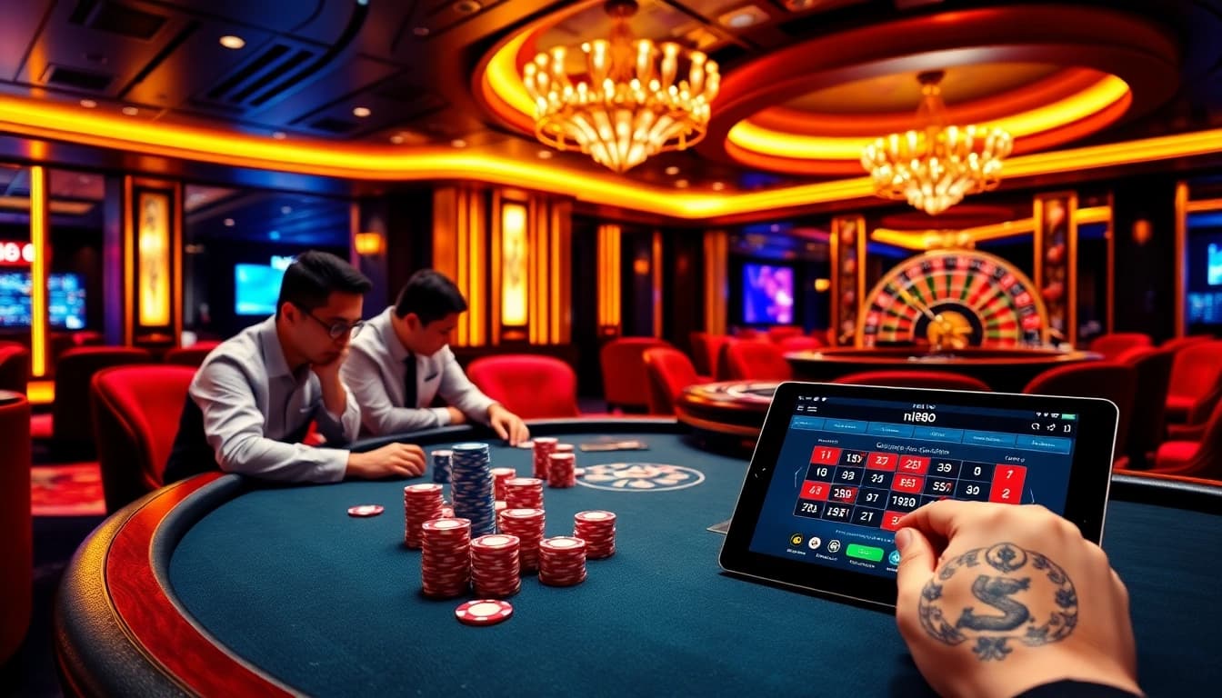 The thrilling NK88 casino scene with a high-stakes poker table, vibrant players, and luxury decor.