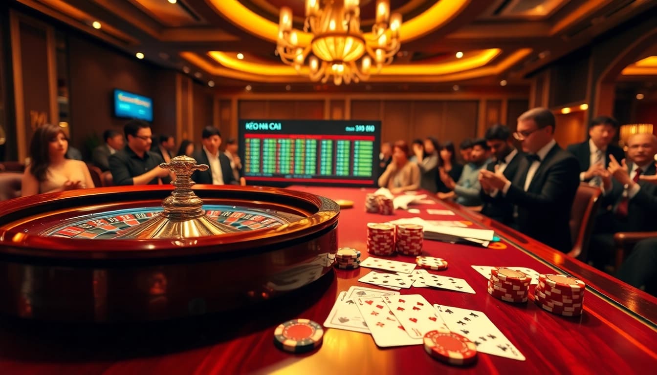 Engaged gamblers analyzing keo nha cai odds at a luxury casino table, with chips and cards.
