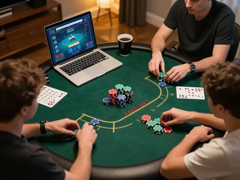 Players strategizing during an online poker game at home, emphasizing 789 gaming experience.