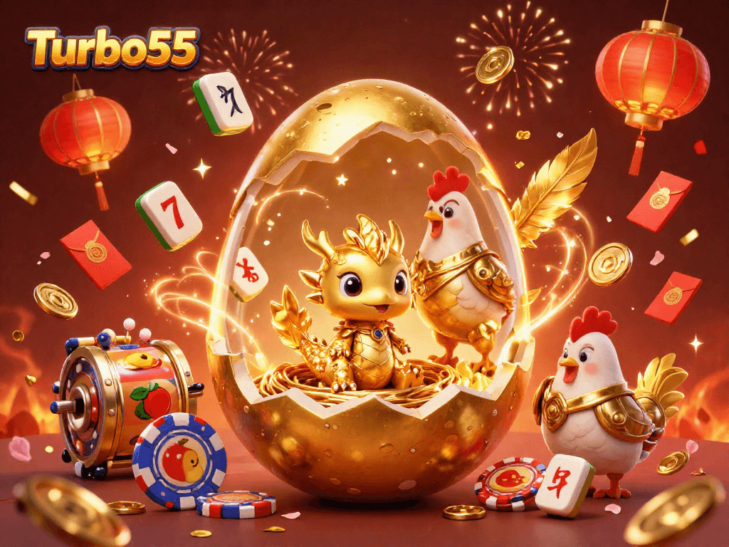 Engage with Turbo55's dynamic casino themes featuring a golden dragon and vibrant slot reels.
