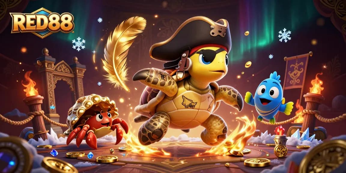 Engage with RED88 as the pirate turtle leads an epic treasure hunt in a vibrant casino realm.