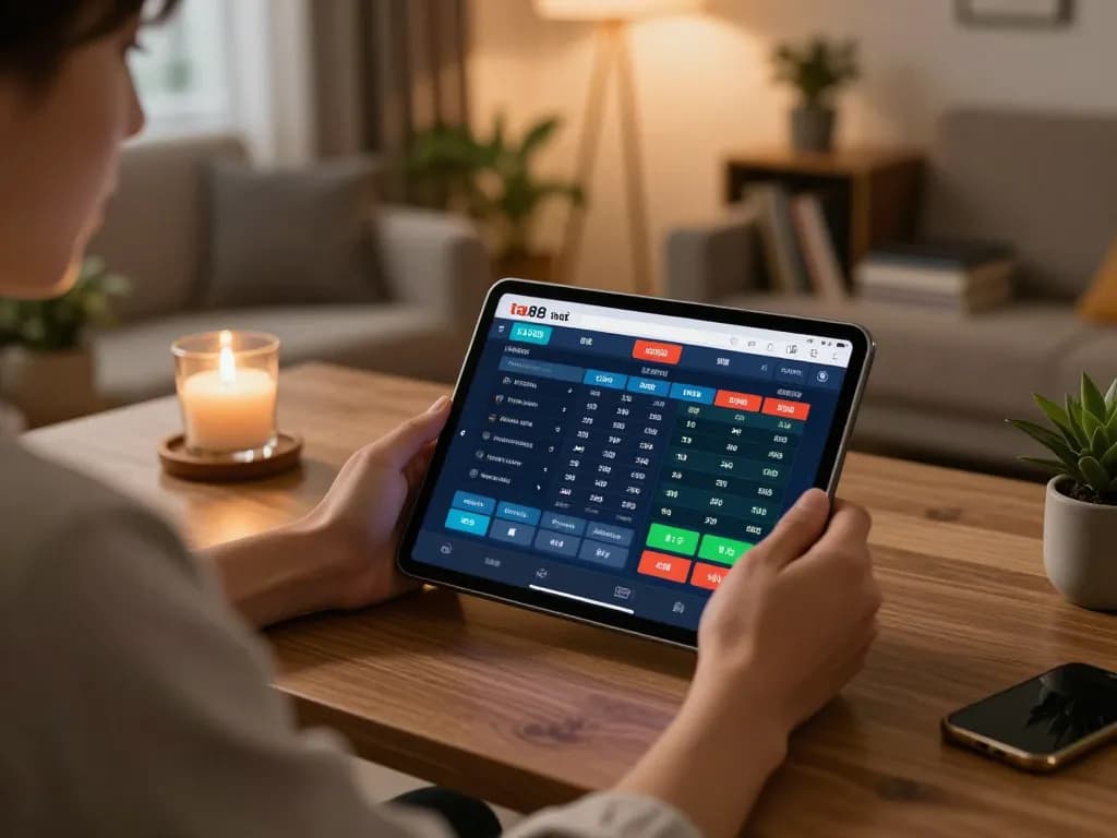 Engaged player using ta88 app for live sports betting during evening.