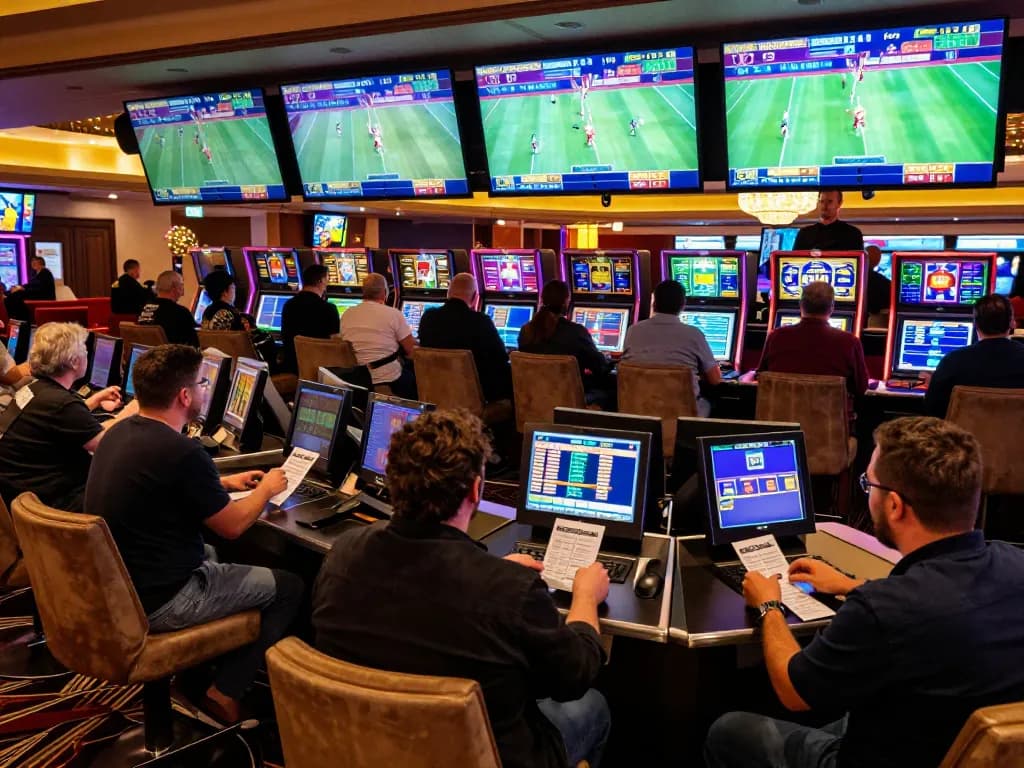 Soi Kèo action in a lively sports betting lounge, patrons engaged in bets with game screens visible