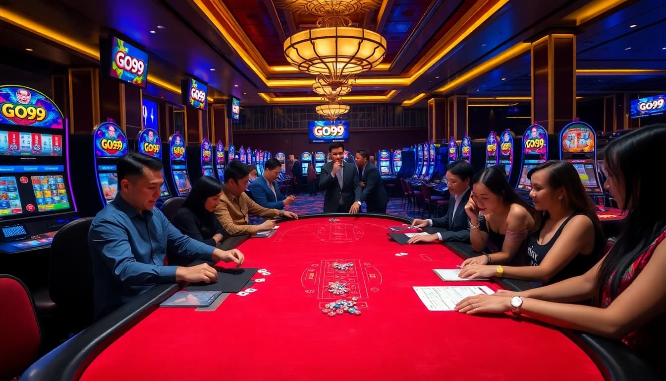 GO99 gaming table with players enjoying a thrilling casino experience, vibrant slot machines in the background.