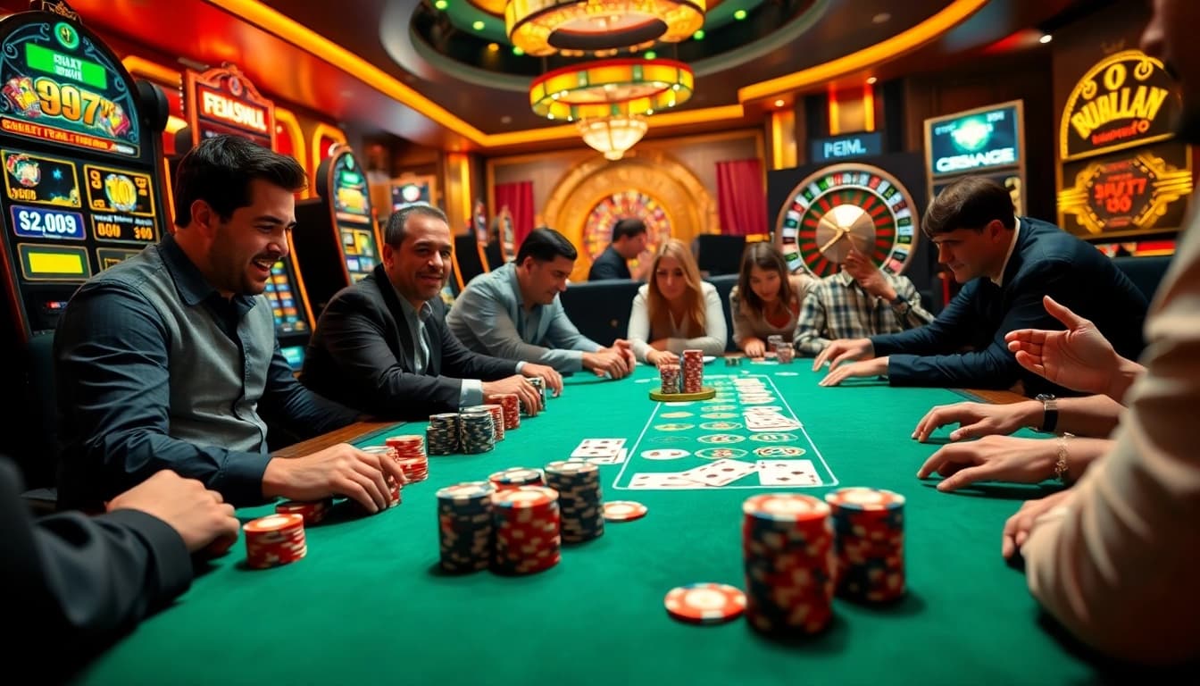 PEN4D casino scene showcasing vibrant gaming action with players at a slot machine and poker table.