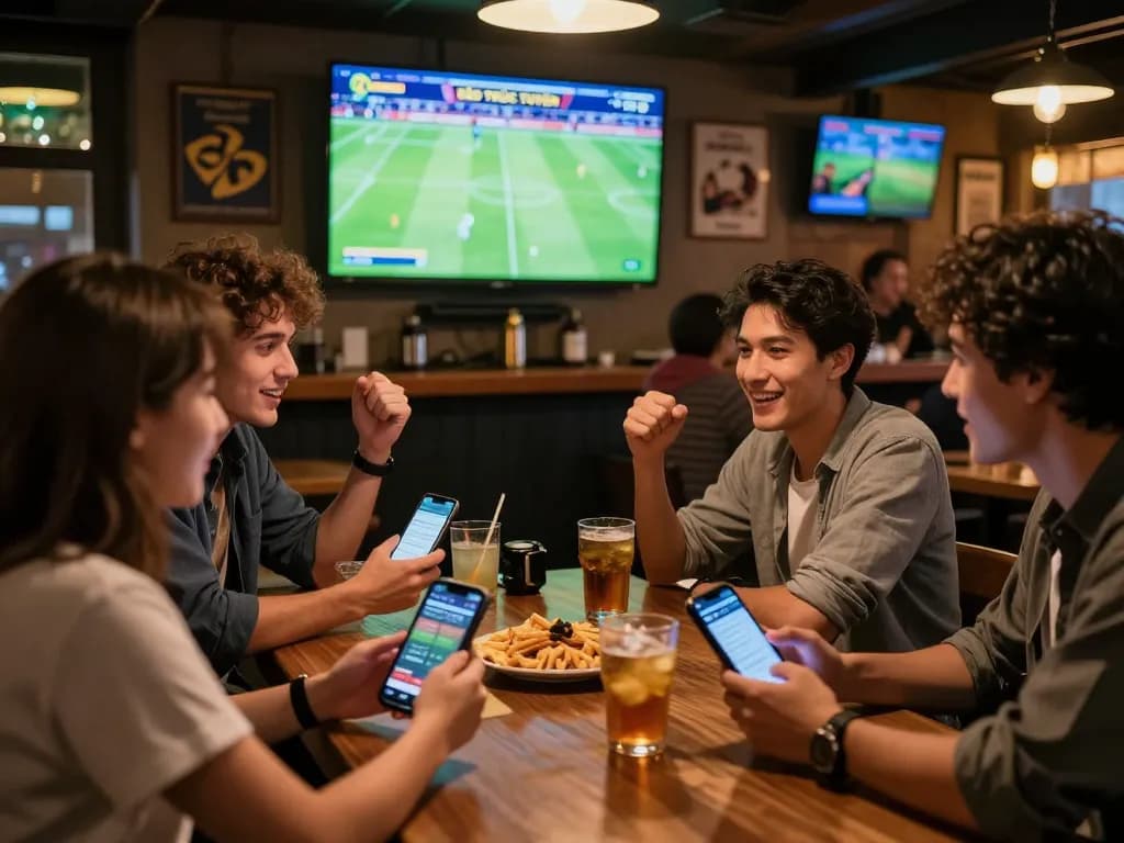KÈO TRỰC TUYẾN betting enthusiasts strategizing in lively sports bar