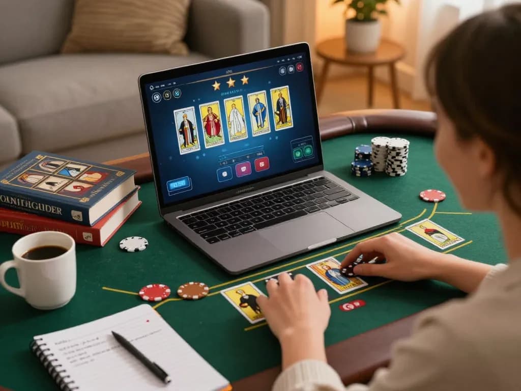 I9BET player enjoys strategic online gaming at home with laptop displaying table game.