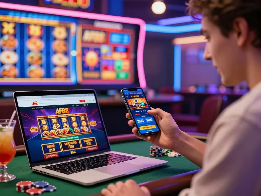 Player enjoying AF88 casino app amidst vibrant gaming environment, showcasing excitement and immersive experience.