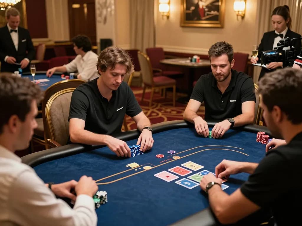 Players in a luxurious VIP poker game at 68win exhibit tension and excitement during high-stakes action.