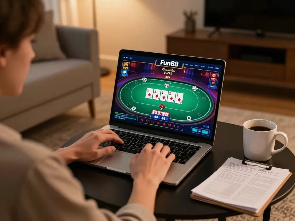 Engaging poker game on Fun88 online casino displayed on laptop in cozy living room.