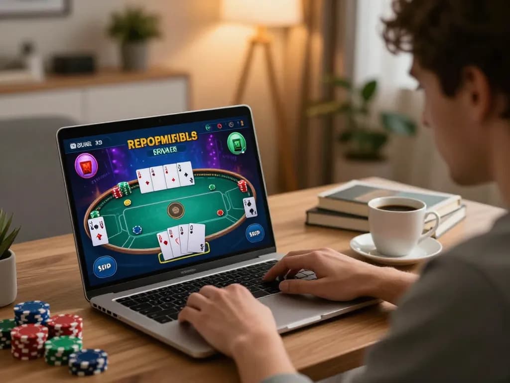 Trang chủ GA88 features a person engaging in online poker, showcasing a warm home setting with strategic gameplay.